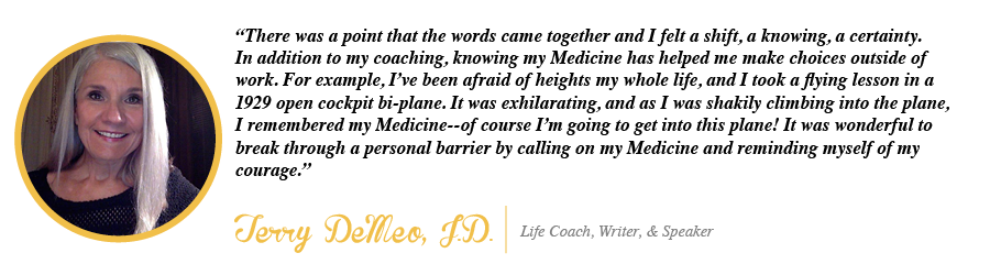 There was a point that the words came together and I felt a shift, a knowing, a certainty. In addition to my coaching, knowing my Medicine has helped me make choices outside of work. - Terrry DeMeo, JD, Life Coach, Writer, and Speaker